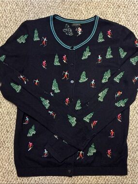 Talbots Navy Cardigan with Skiers and Pine Tree Motif
Size M